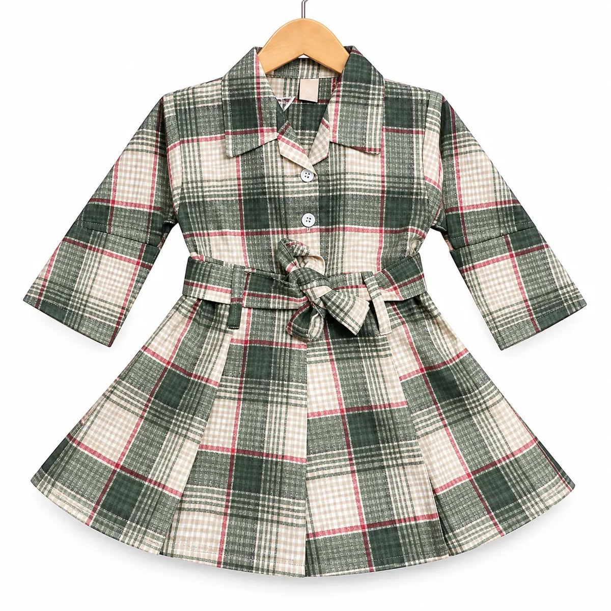 Girls Sea Green & Black Check Cotton Winter Frock with Waist Belt (Size 1 - 7 Years)
