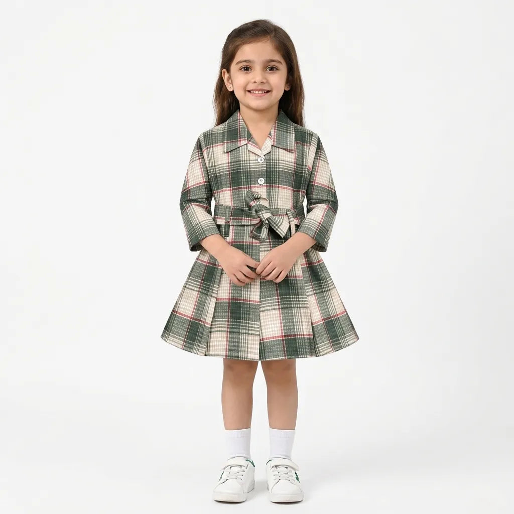 Girls Sea Green & Black Check Cotton Winter Frock with Waist Belt (Size 1 - 7 Years)