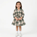 Girls Sea Green & Black Check Cotton Winter Frock with Waist Belt (Size 1 - 7 Years)