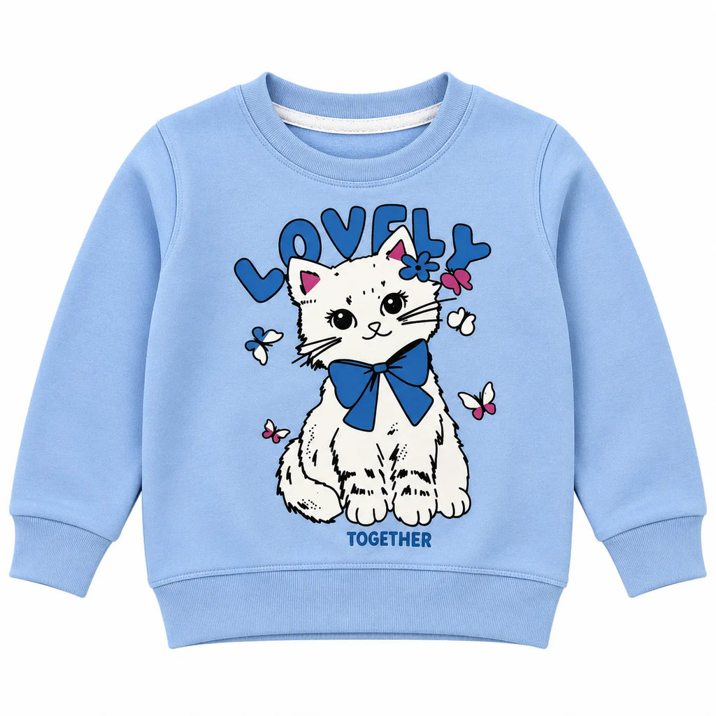 Girls Sky Blue Lovely Cat Winter Sweatshirt (Size 9 Months - 12 Years)