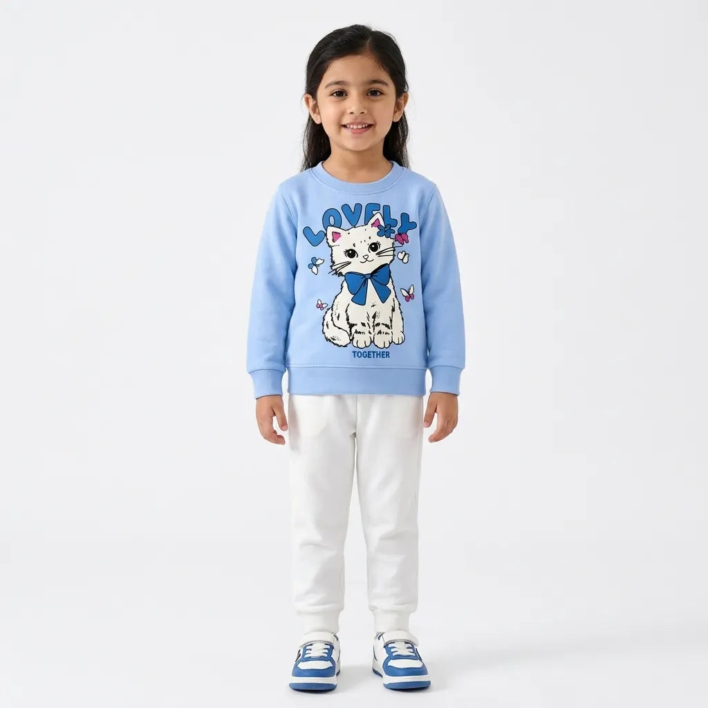 Girls Sky Blue Lovely Cat Winter Sweatshirt (Size 9 Months - 12 Years)