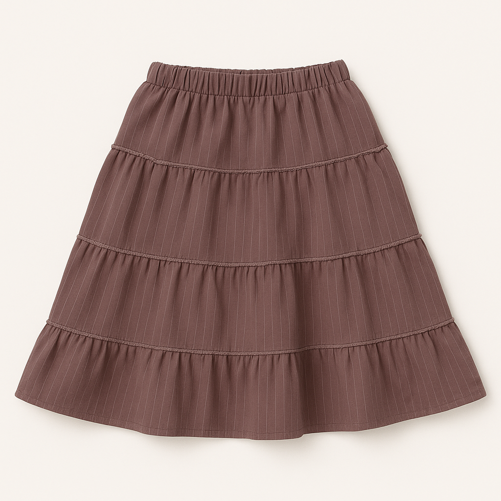 "Girls tiered pinstripe skirt in dusty mauve – ages 4–10"