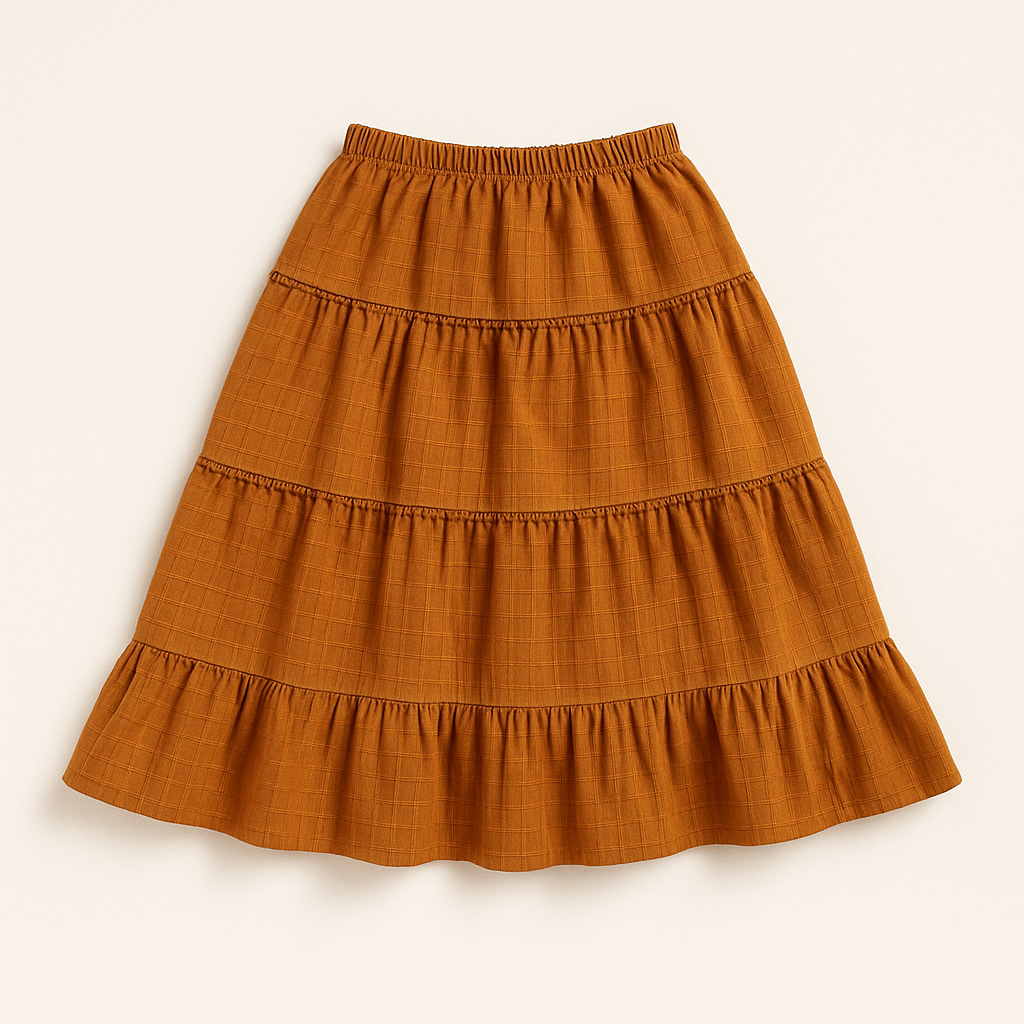 “Girls terracotta tiered skirt with elastic waistband”
