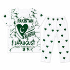 Girls white 14th August Heart summer coord set, 2-piece summer outfit for ages 1 to 12 years, featuring a cute heart design.
