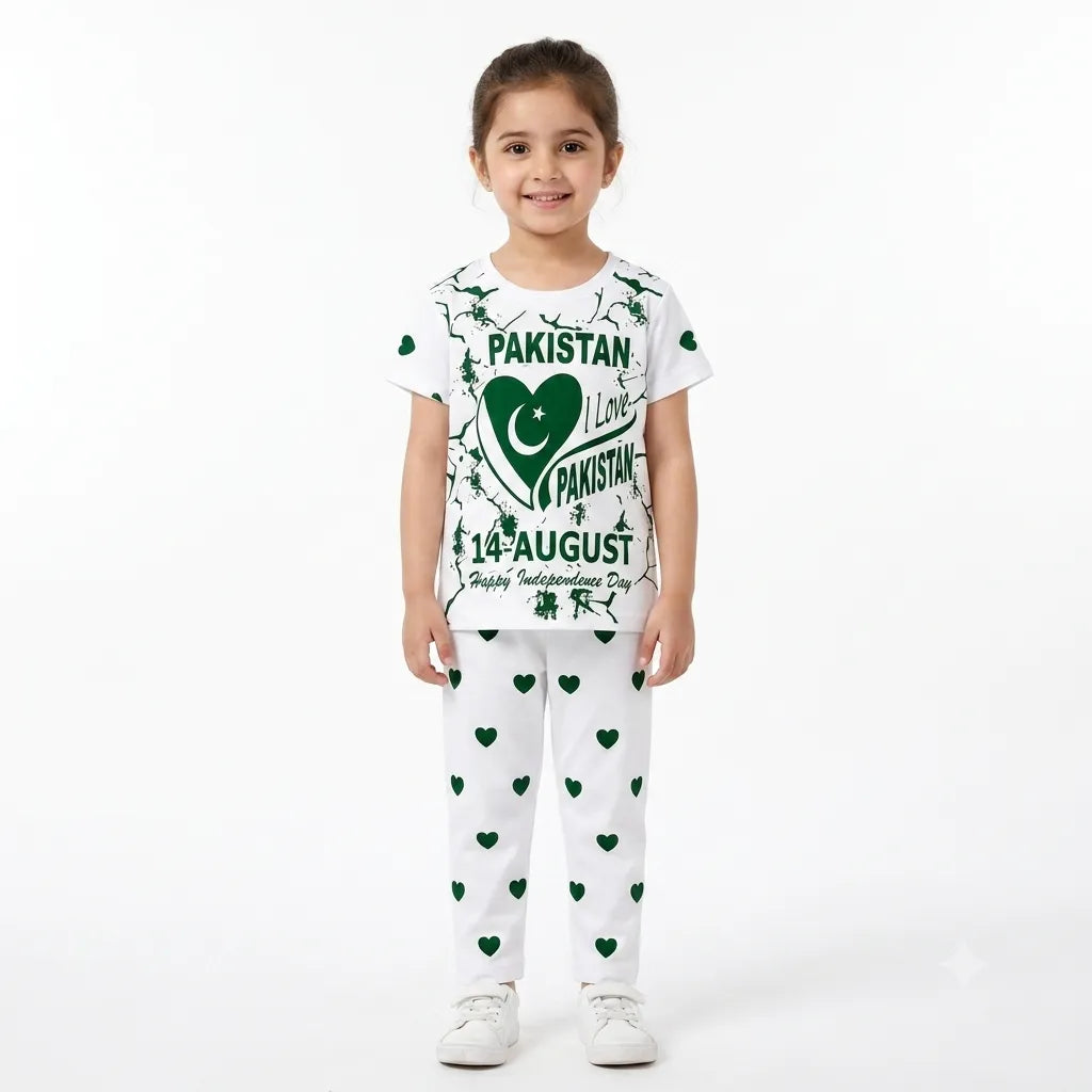 Girls White 14th August Heart Summer Coord Set (2 Piece) - Age 1 - 12 Years