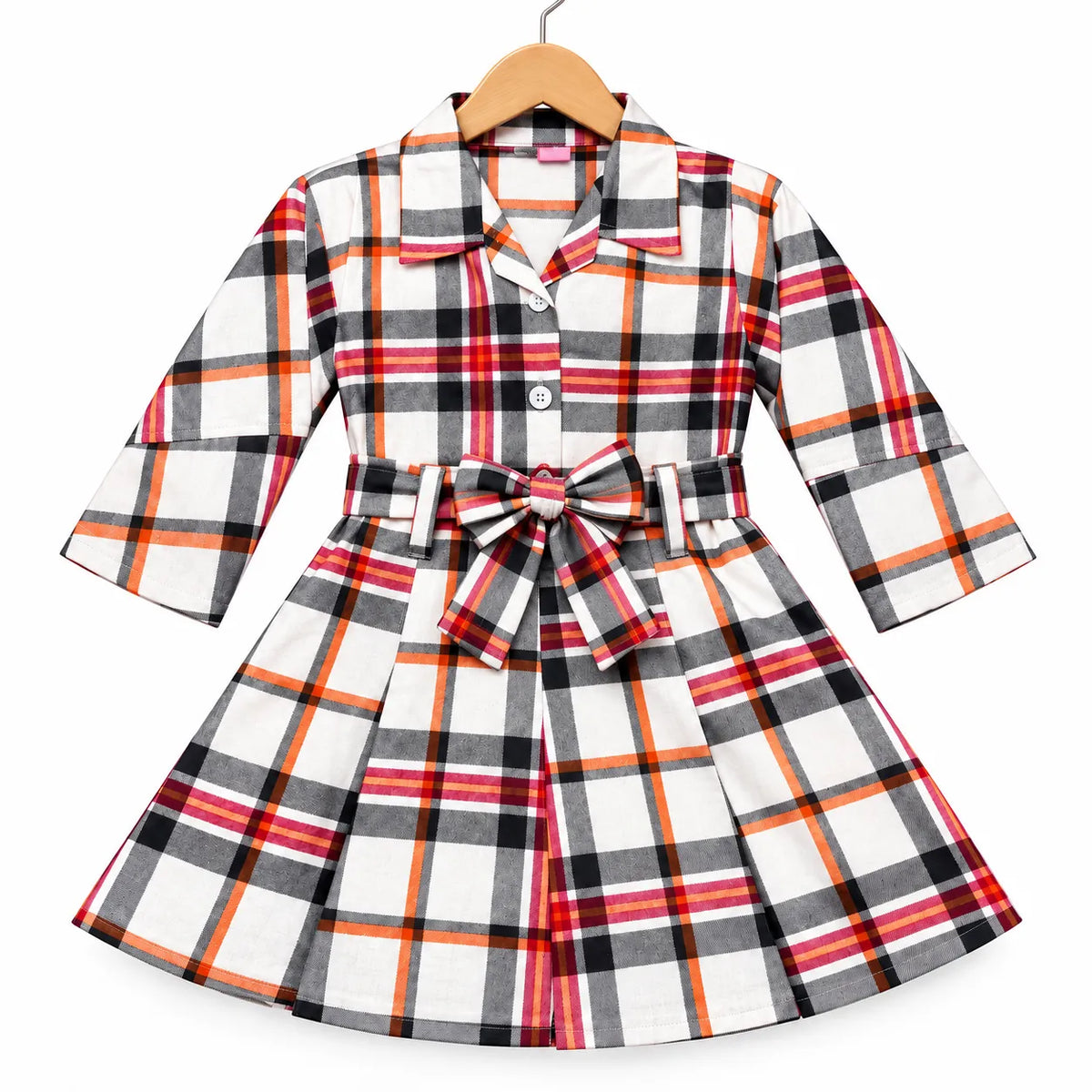 Girls White Checkered Cotton Winter Frock with Waist Belt (Size 1 - 7 Years)