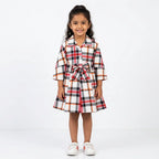 Girls White Checkered Cotton Winter Frock with Waist Belt (Size 1 - 7 Years)