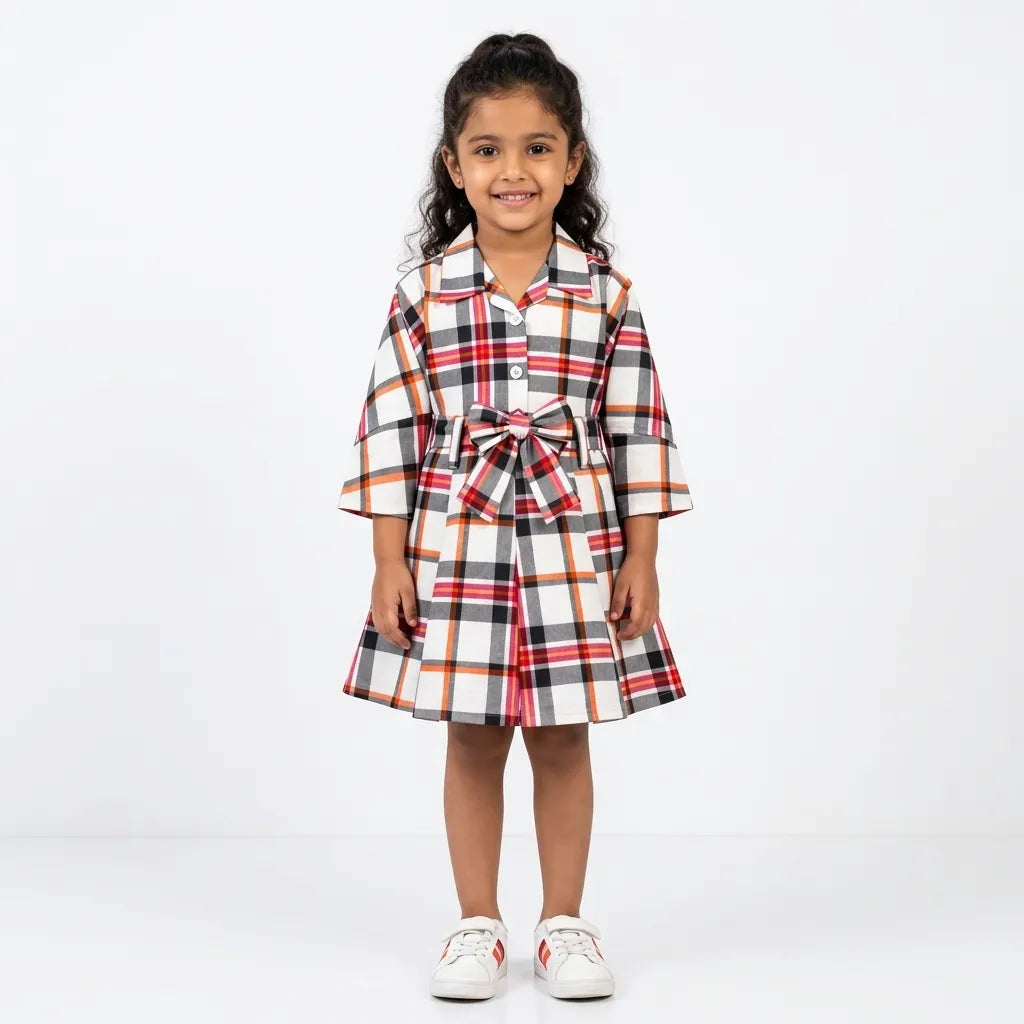 Girls White Checkered Cotton Winter Frock with Waist Belt (Size 1 - 7 Years)