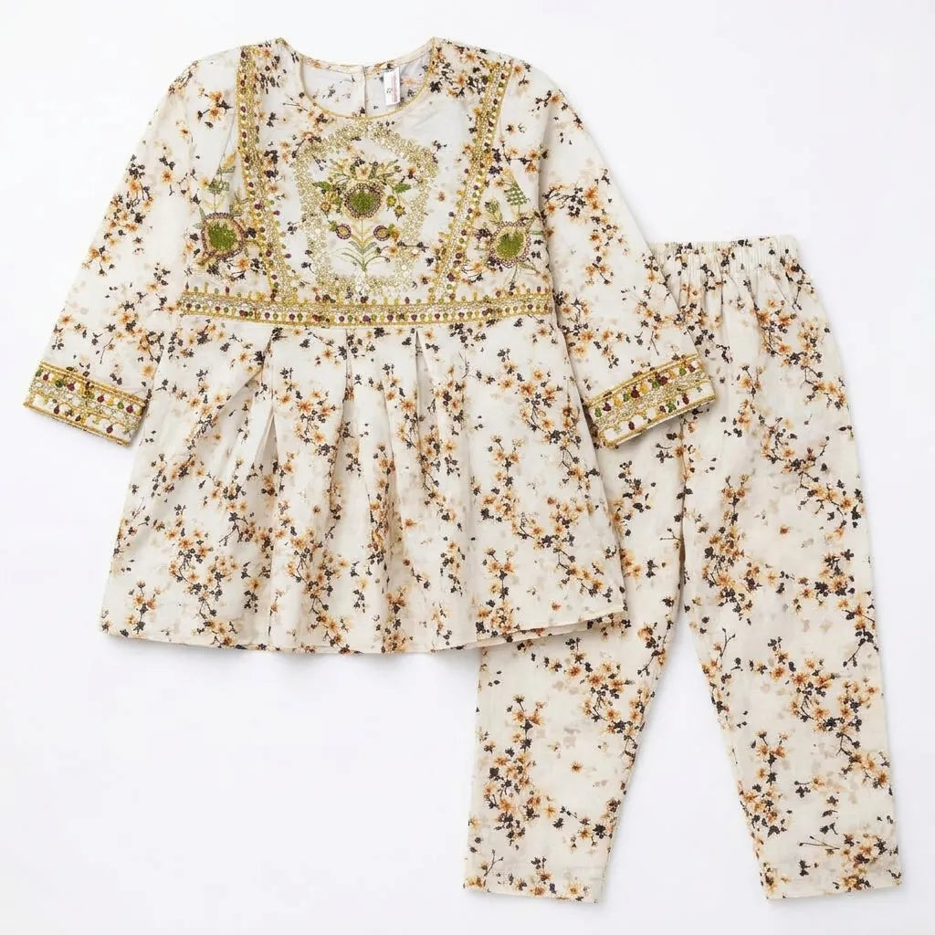 Girls White Floral 2 Piece Shalwar Kameez (Size 5 - 12 Years)