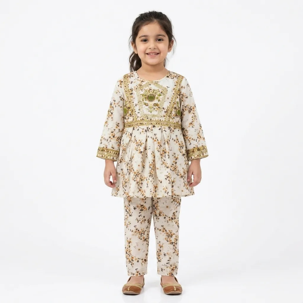 Girls White Floral 2 Piece Shalwar Kameez (Size 5 - 12 Years)