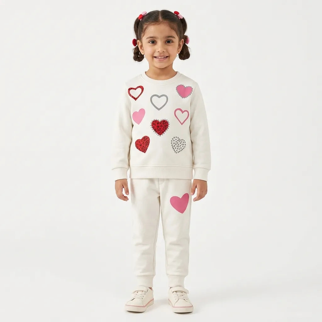 Girls White Hearts Winter Coord Set (2 Piece) - Size 1 - 12 Years