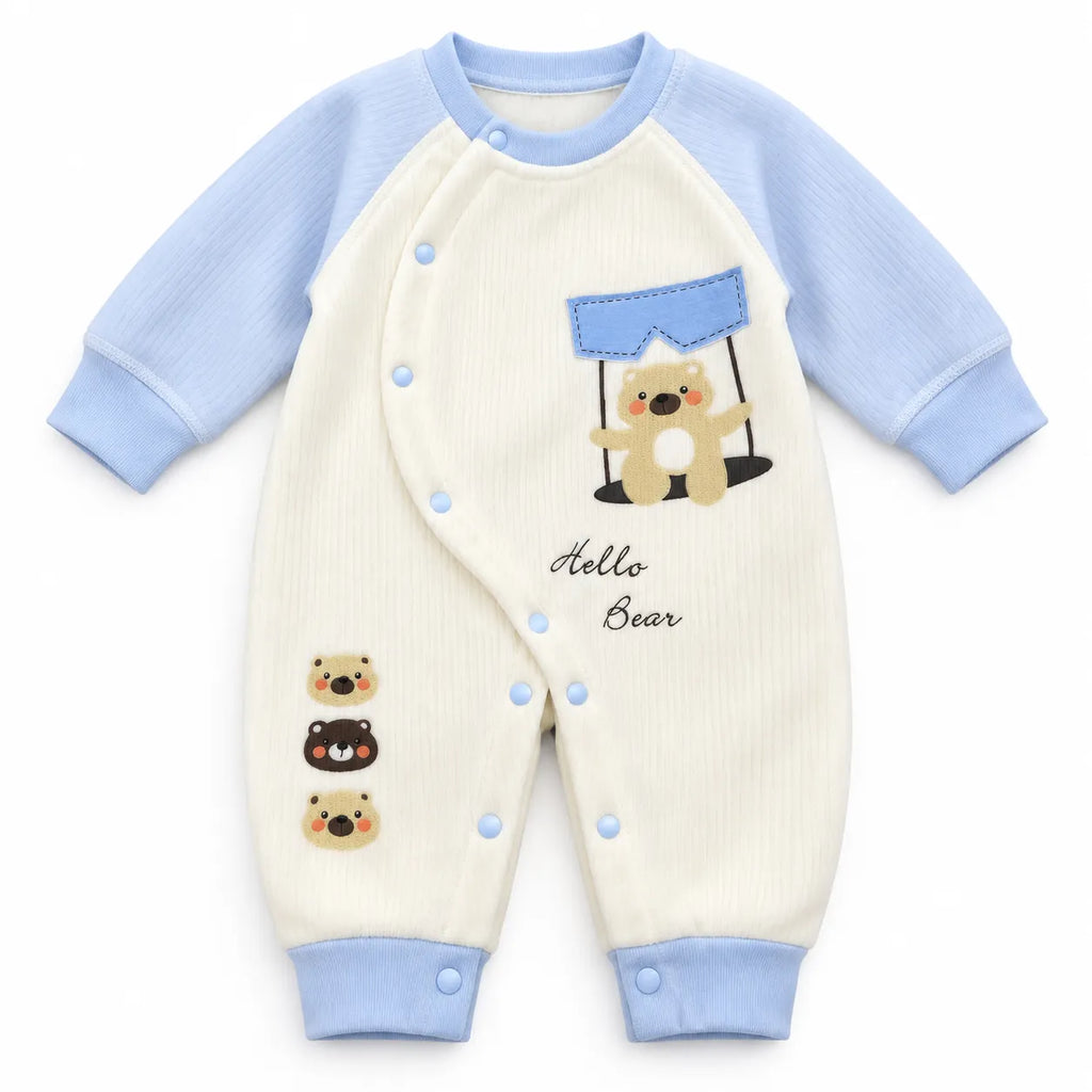 Girls Winter Imported Blue & White Hello Bear Romper (Size 0 - 6 Months)