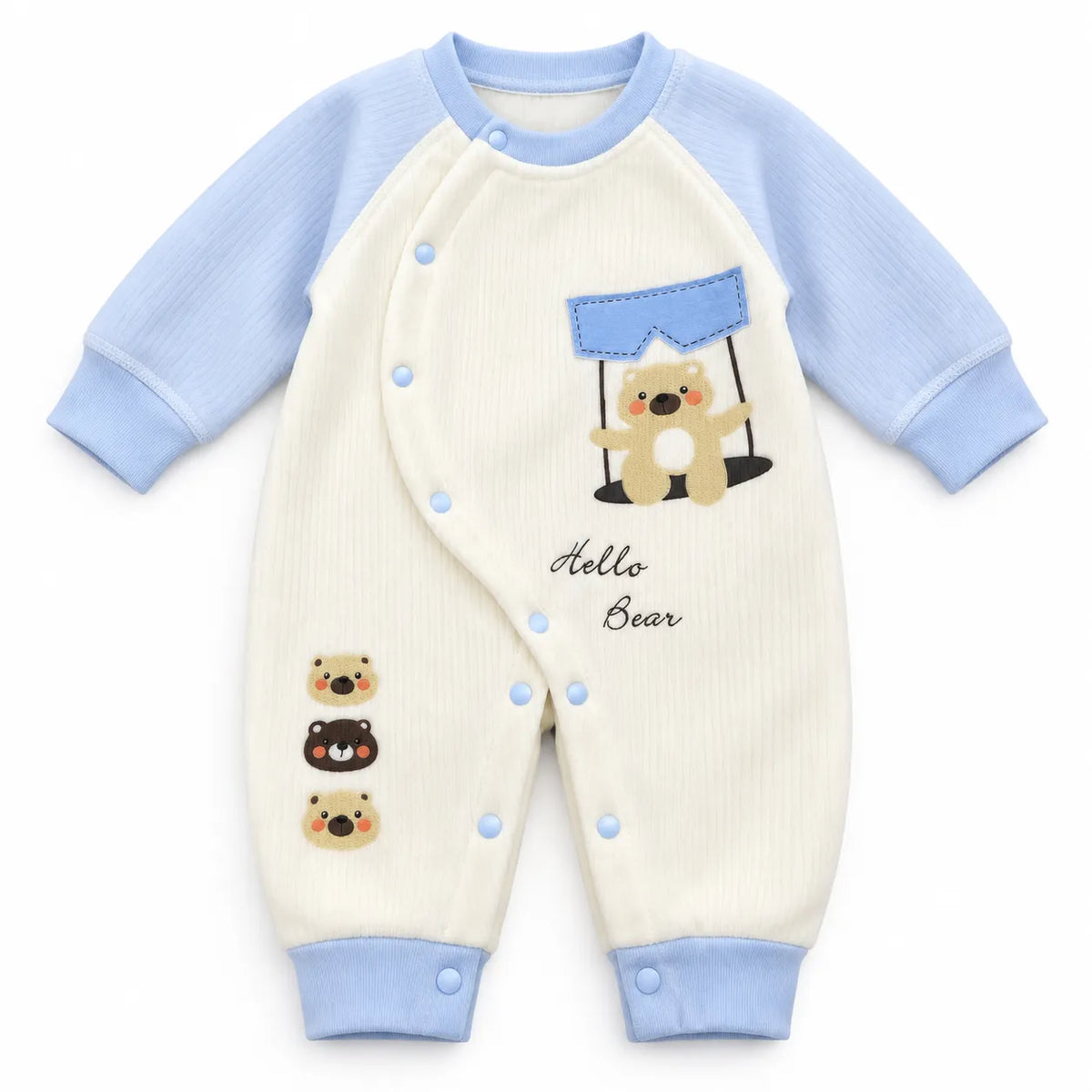 Girls Winter Imported Blue & White Hello Bear Romper (Size 0 - 6 Months)