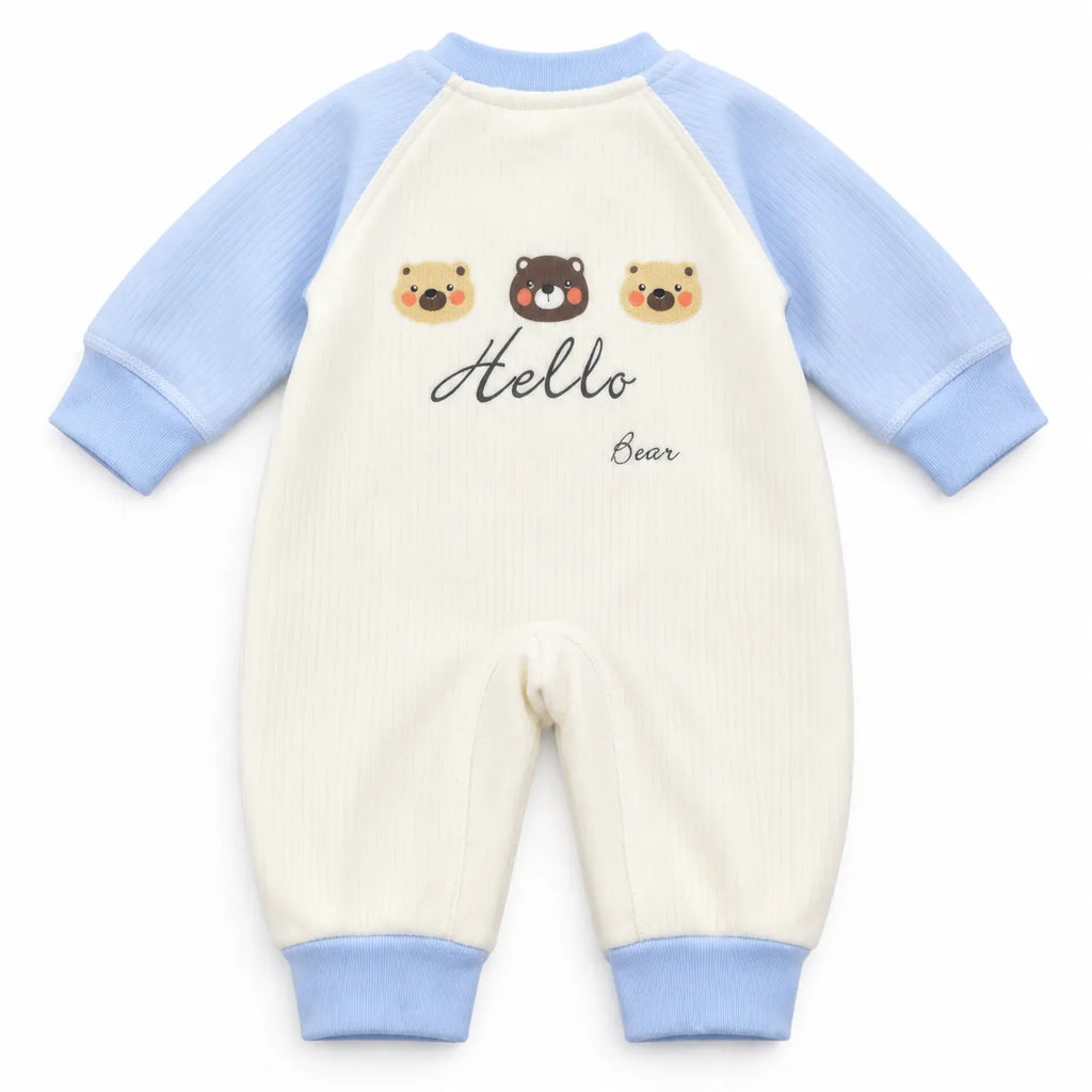 Girls Winter Imported Blue & White Hello Bear Romper (Size 0 - 6 Months)