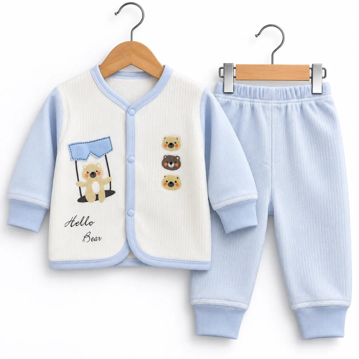 Girls Winter Imported Suiting Sky Blue & White Hello Bear Print (Size 0 - 6 Months)
