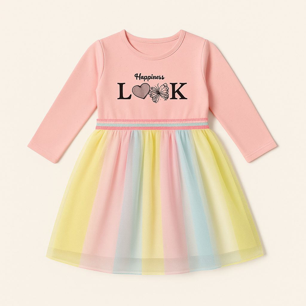 Girls blush pink rainbow tulle frock – Happiness Look dress for ages 3–7 years, perfect party outfit
