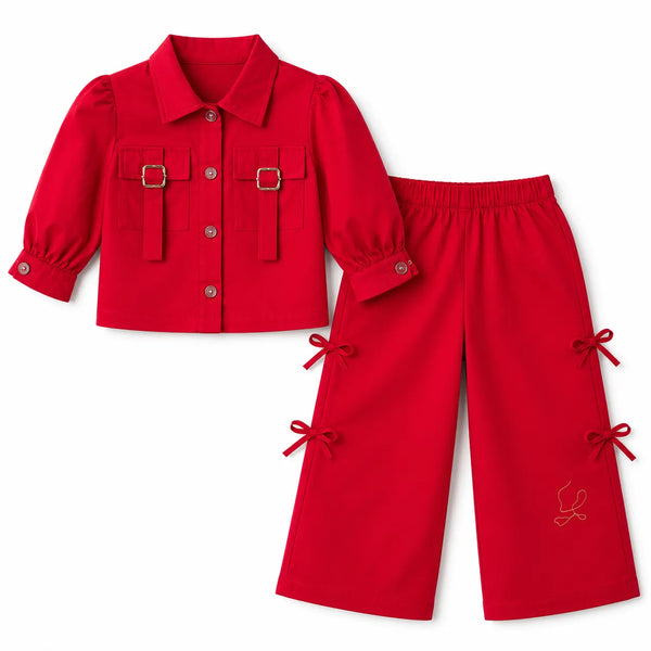 Girls Red Cotton Coord Set (2 Piece) - Age 2 - 10 Years