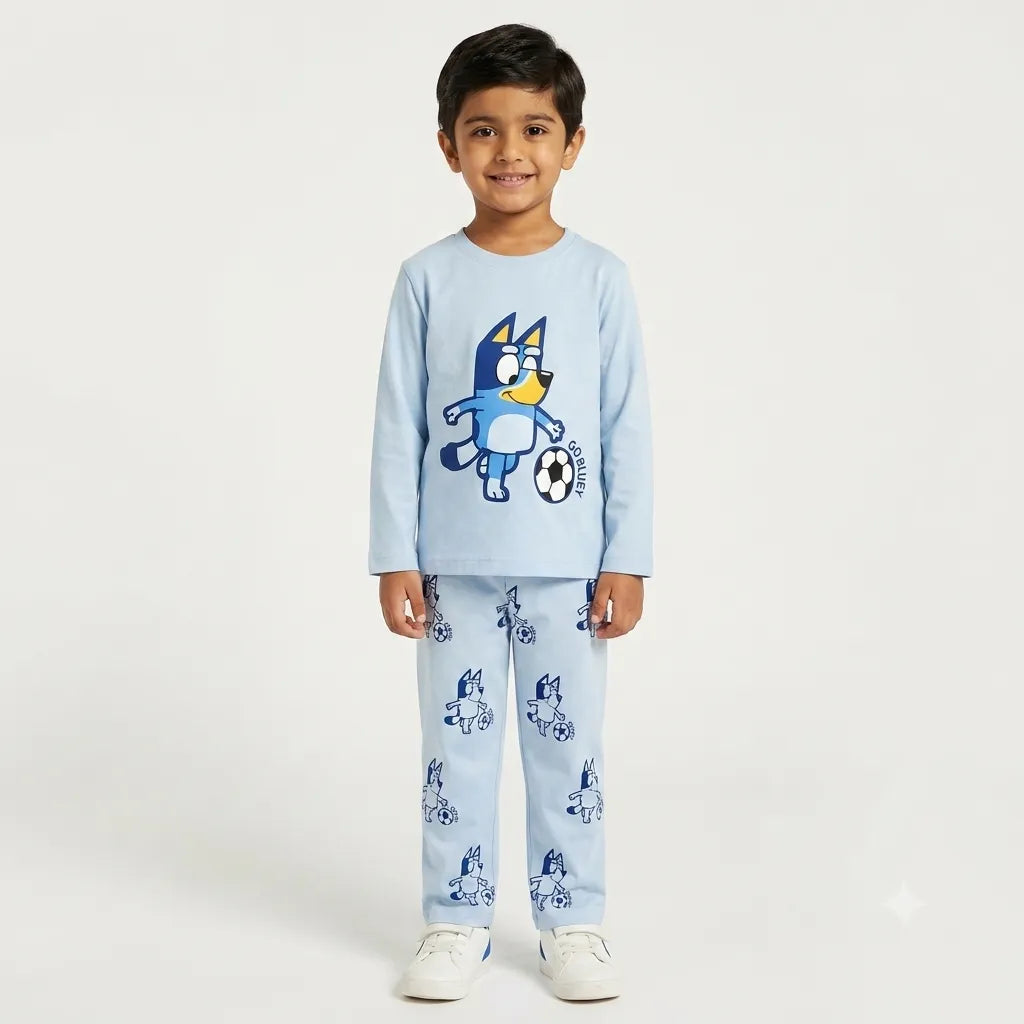 Light blue Go Bluey summer 2-piece coord set for kids from Lil' Cubs, featuring full sleeves and comfortable fabric.