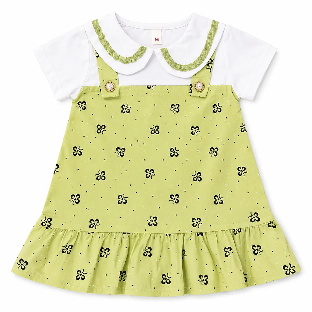 Girls Green Flower Cotton Frock (Age 3 Months - 3 Years)