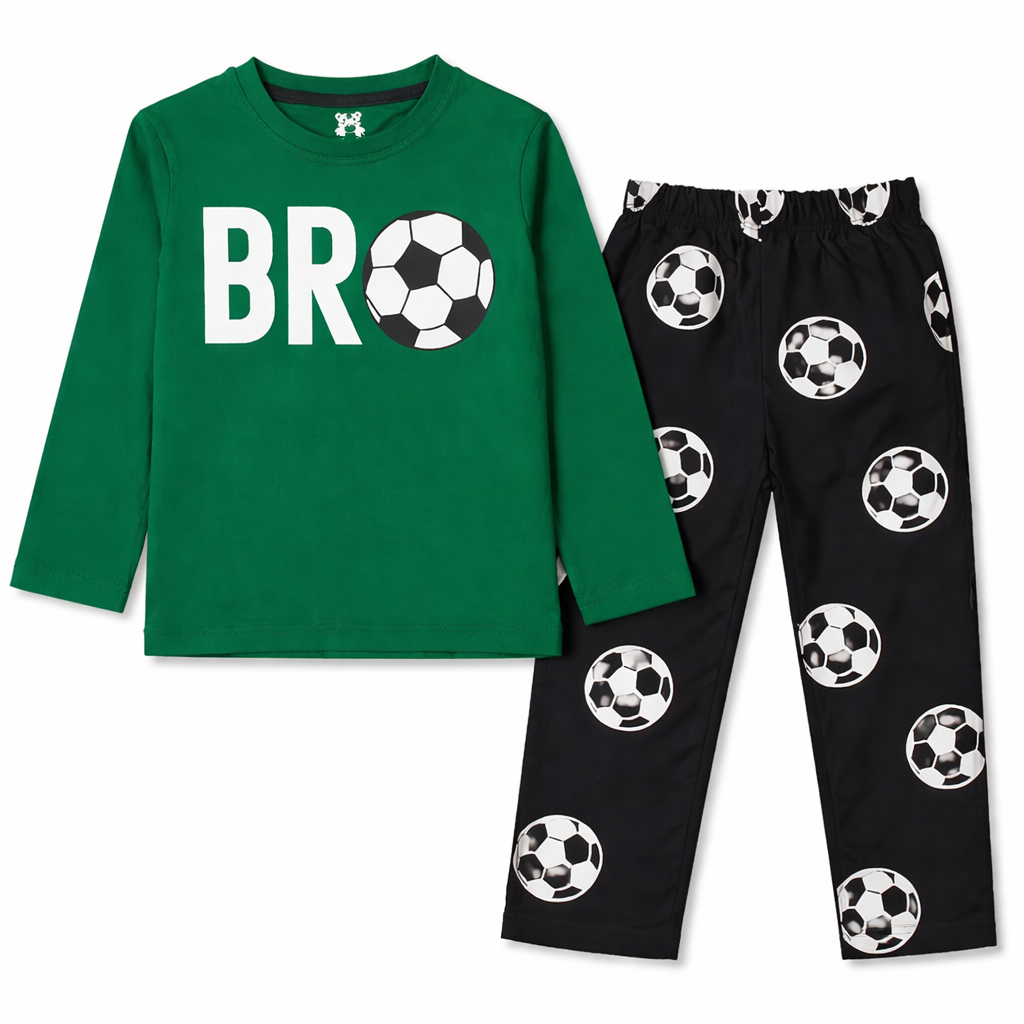 Trendy Kidswear Summer Coord Set - Bro Football Print Kids Outfit - Green Black Coord Set - Top Kidswear Brand Pakistan - Jersey Cotton Fabric - Lil' Cubs