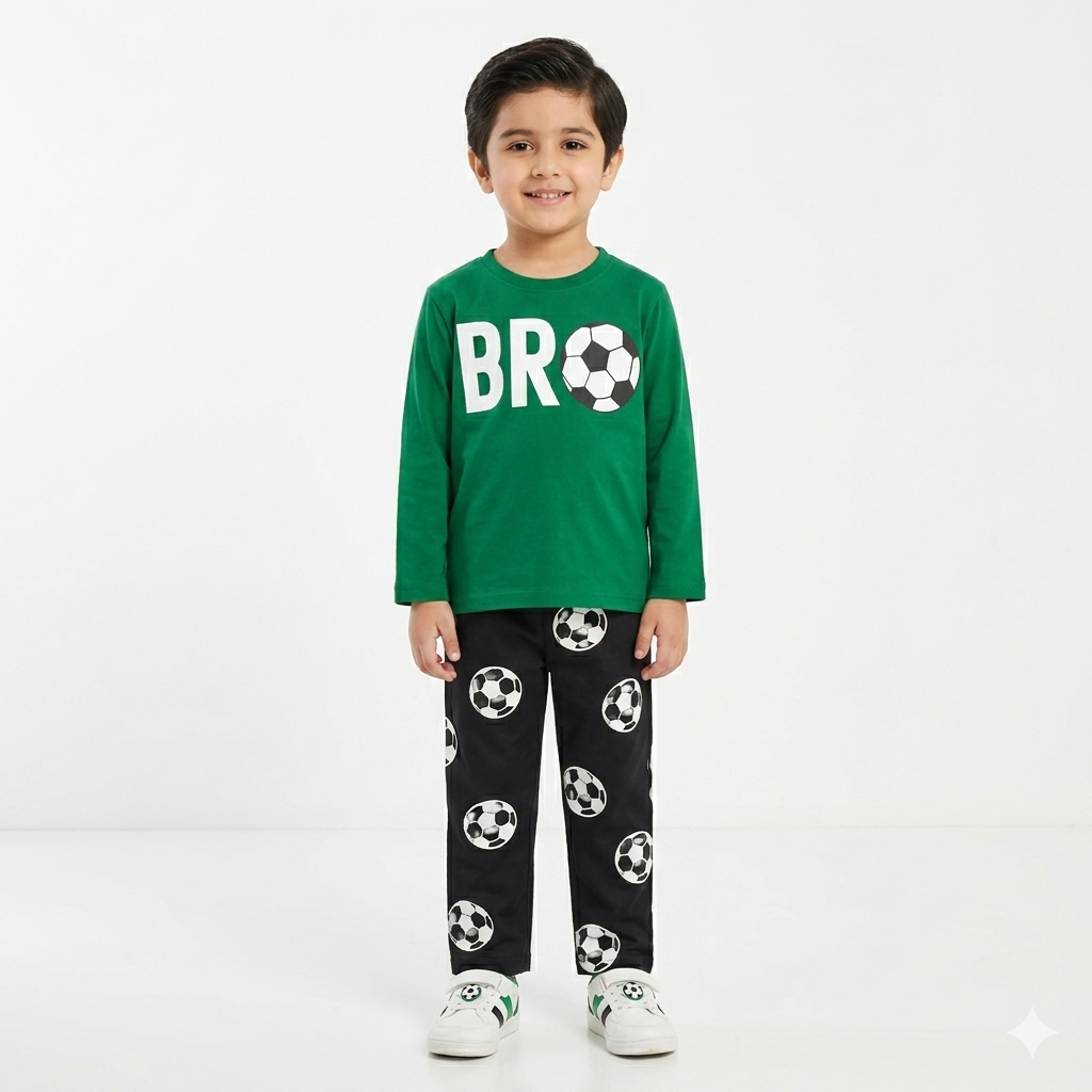 Trendy Kidswear Summer Coord Set - Bro Football Print Kids Outfit - Green Black Coord Set - Top Kidswear Brand Pakistan - Jersey Cotton Fabric - Lil' Cubs