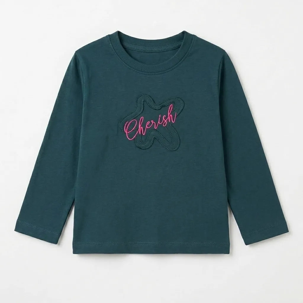 Green Cherish Print Full Sleeve Cotton T-Shirt for Girls – 1 to 12 Years