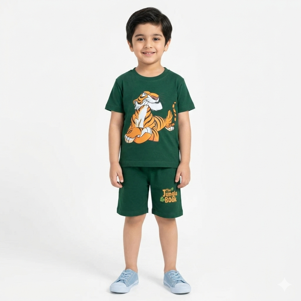 Trendy Kidswear Summer Coord Set - The Jungle Book Print Kids Outfit - Green Coord Set - Top Kidswear Brand Pakistan - Jersey Cotton Fabric - Lil' Cubs