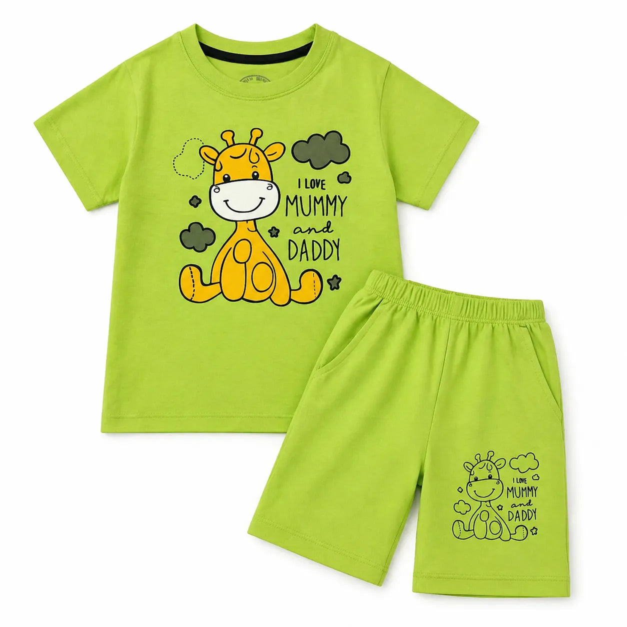Green "Mummy & Daddy Love" summer coord set for boys, size 1-12 years, featuring a playful parrot green design from lilcubspk.
