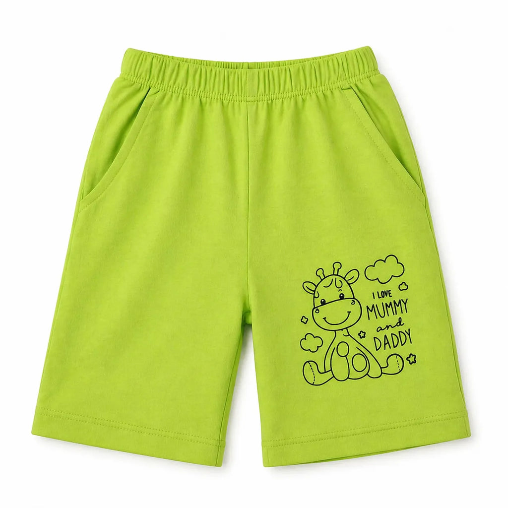 Boy wearing a green "Mummy & Daddy Love" summer coord set by lilcubspk, featuring a comfortable, stylish parrot green matching outfit.