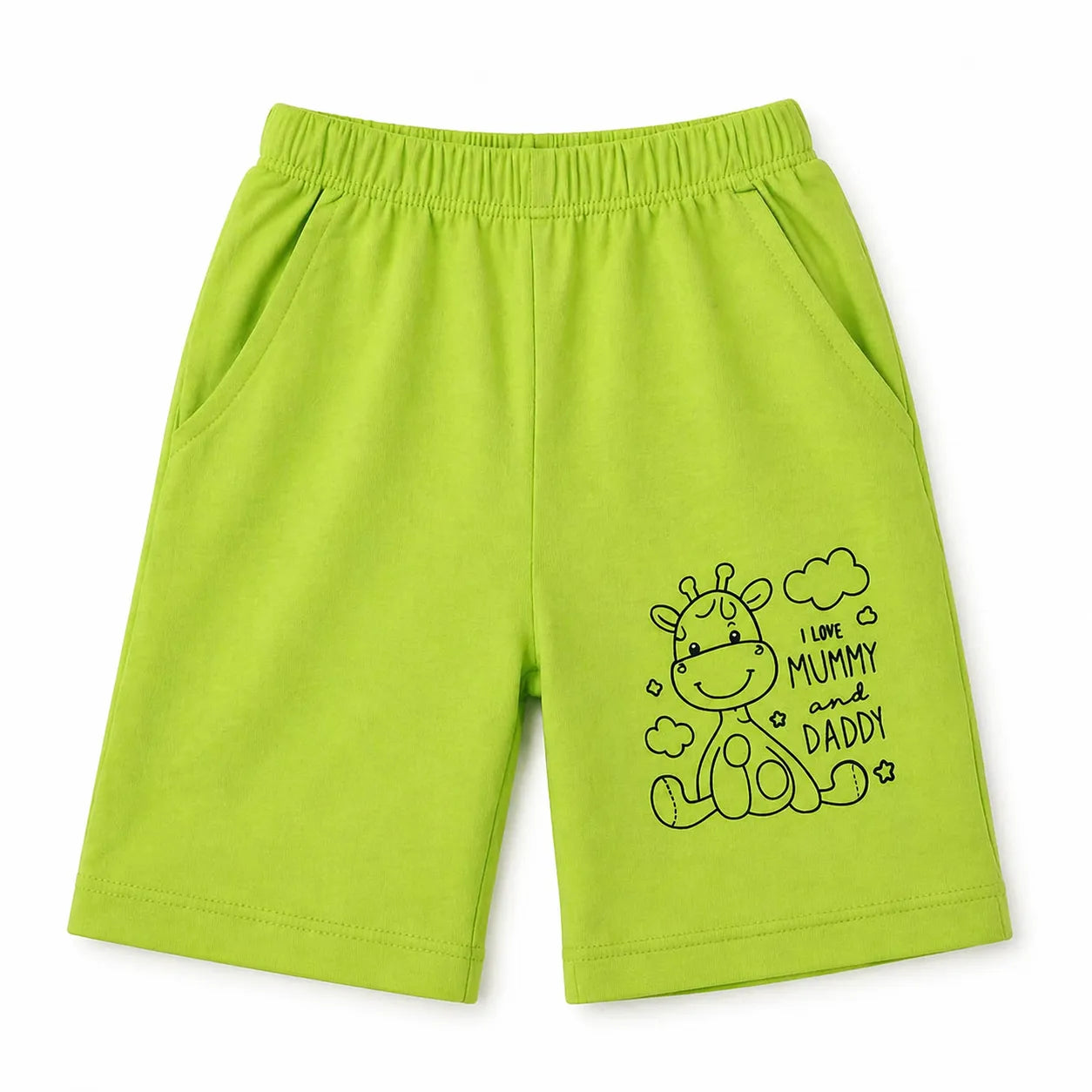Boy wearing a green "Mummy & Daddy Love" summer coord set by lilcubspk, featuring a comfortable, stylish parrot green matching outfit.