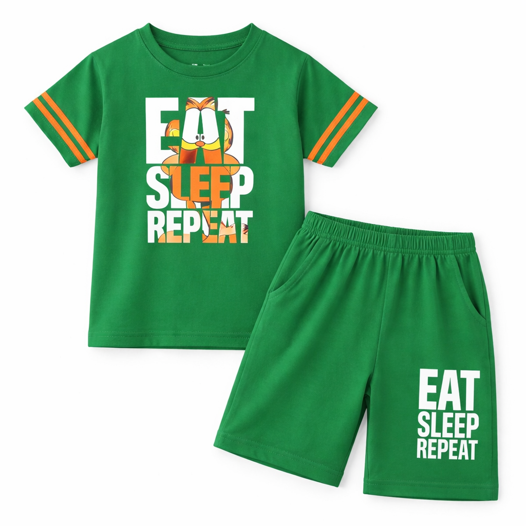 Green Summer Coord Set for Kids – EAT SLEEP REPEAT Print | 2-Piece Shirt and Shorts