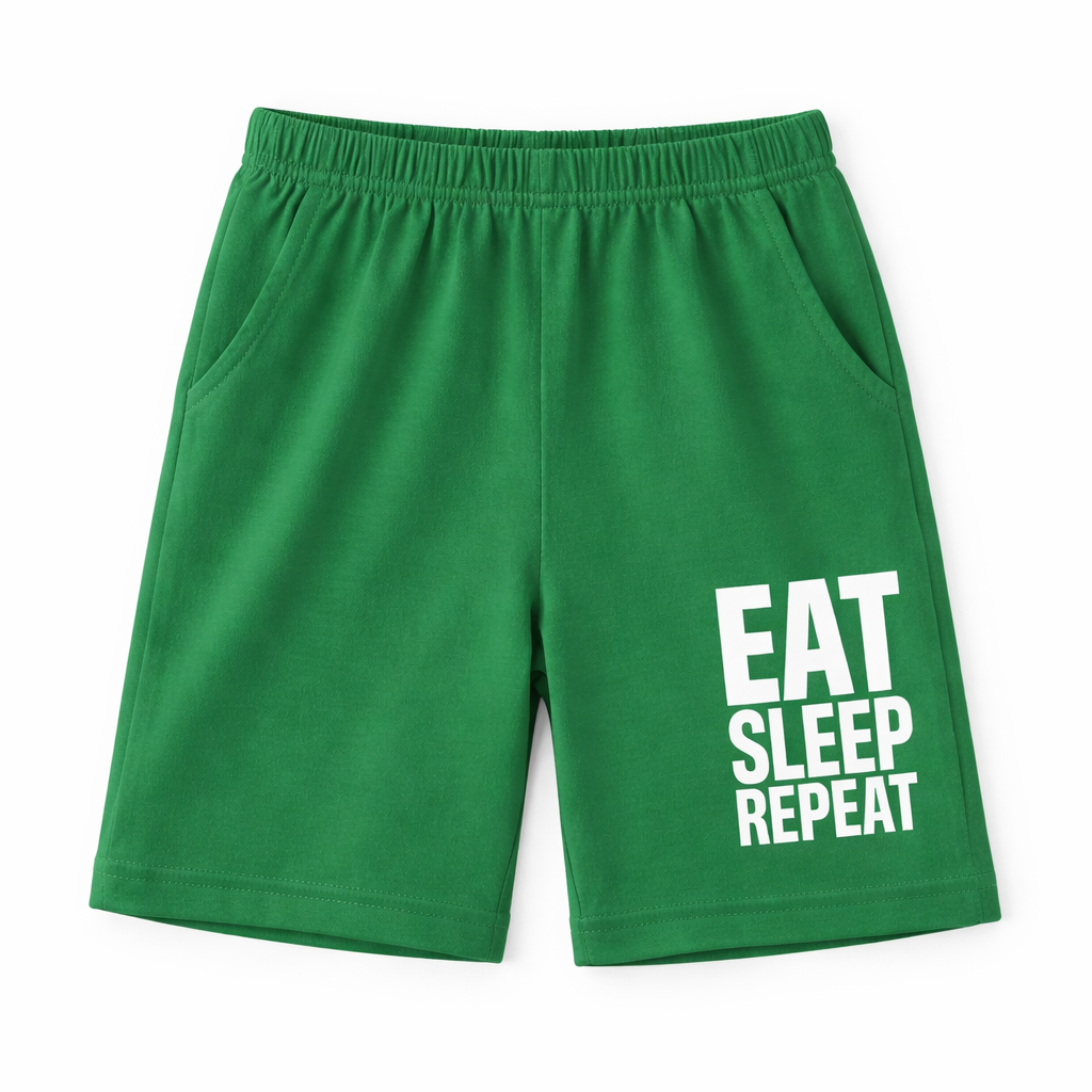Green Summer Coord Set for Kids – EAT SLEEP REPEAT Print | 2-Piece Shirt and Shorts