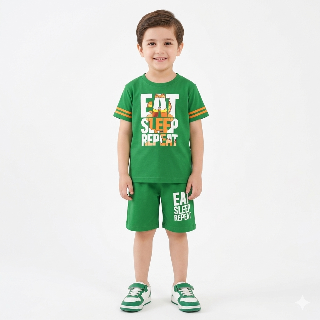 Green Summer Coord Set for Kids – EAT SLEEP REPEAT Print | 2-Piece Shirt and Shorts