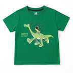 Green summer boys' coord set with dinosaur Disney print by lilcubspk, suitable for ages 1 to 12 years, featuring a matching top and shorts.