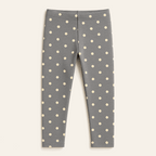 Front view of gray polka‑dot leggings with pull‑on waistband, laid flat.