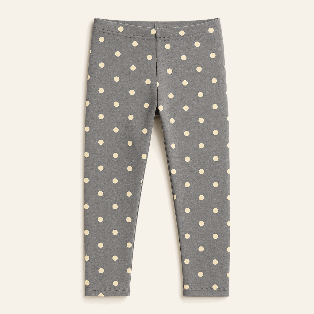 Front view of gray polka‑dot leggings with pull‑on waistband, laid flat.