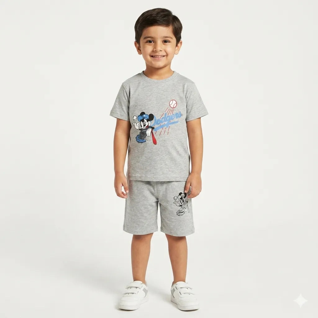 Grey Mickey & Dodgers Outfit - Summer Coord Set 2 Piece - Jersey Cotton Fabric -  Grey Kids Outfits - Boys Coord Set - Boys Favourite Mickey Cartoon Character Coord Set - Summer Wear for Kids - Affordable Clothing Brand in Pakistan - Kidswear Brand Pakistan - Lil' Cubs