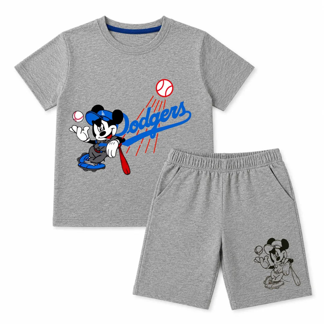 Grey boys' summer coord set with Mickey and Dodgers design by lilcubspk, includes a top and shorts for ages 1 to 12 years.