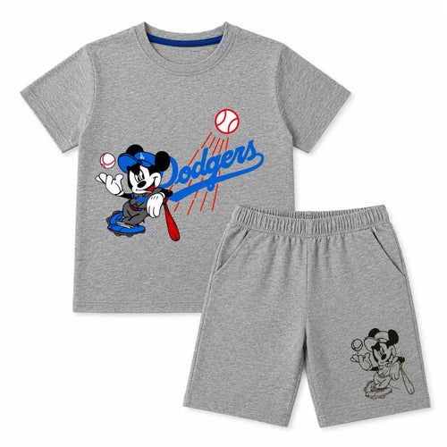 Grey boys' summer coord set with Mickey and Dodgers design by lilcubspk, includes a top and shorts for ages 1 to 12 years.
