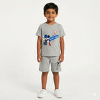 Kids boys grey Mickey and Dodgers summer coord set, 2-piece outfit for ages 1 to 12, featuring teddy and playful sports designs.