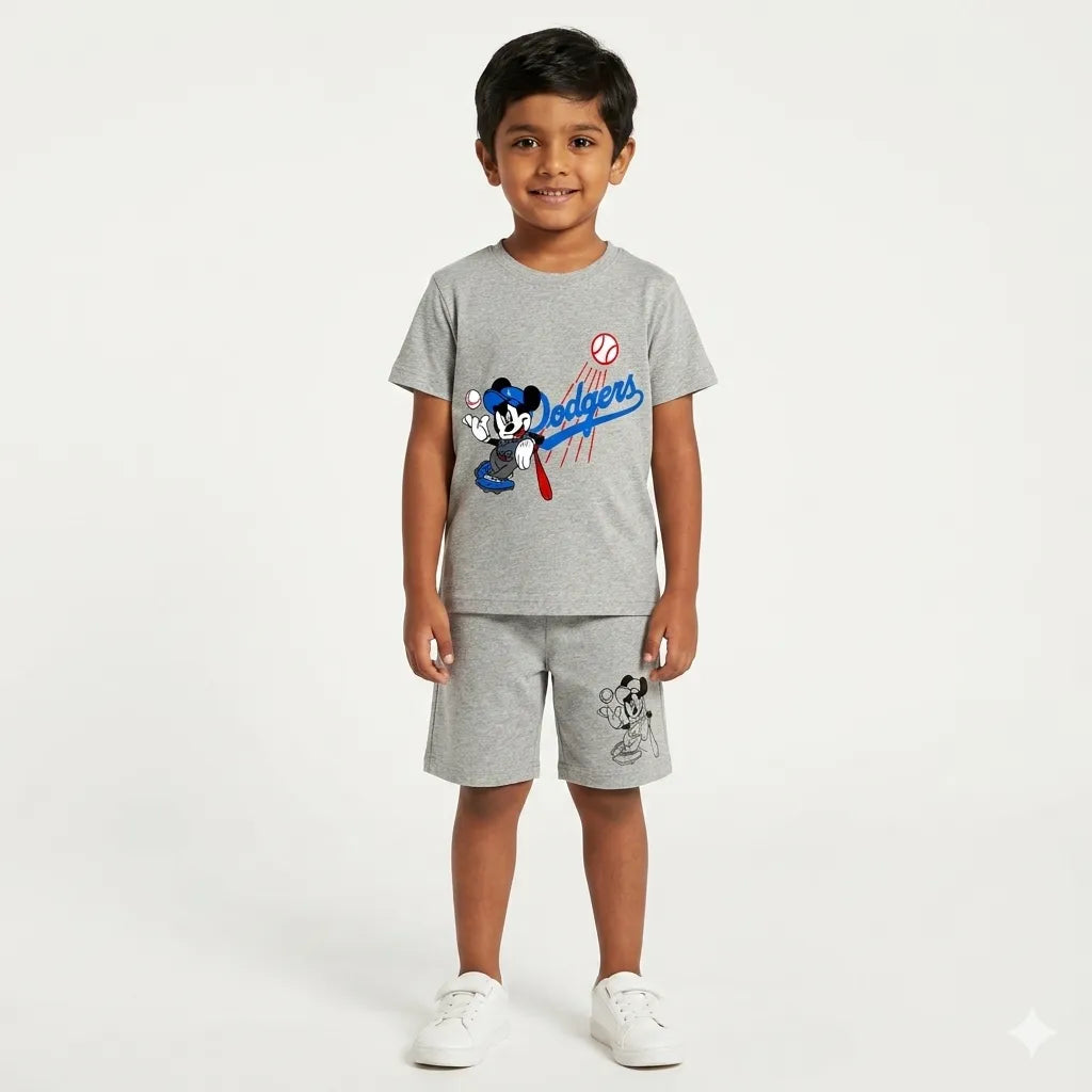 Kids boys grey Mickey and Dodgers summer coord set, 2-piece outfit for ages 1 to 12, featuring teddy and playful sports designs.