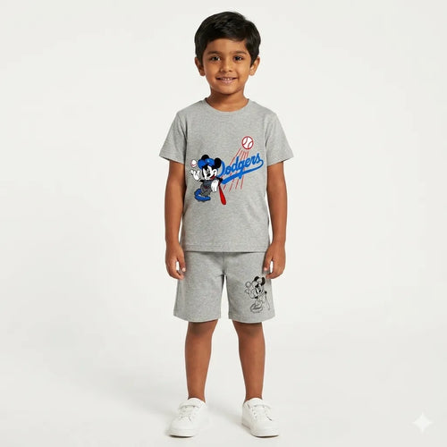Kids boys grey Mickey and Dodgers summer coord set, 2-piece outfit for ages 1 to 12, featuring teddy and playful sports designs.