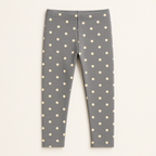 Front view of gray polka‑dot leggings with pull‑on waistband, laid flat.