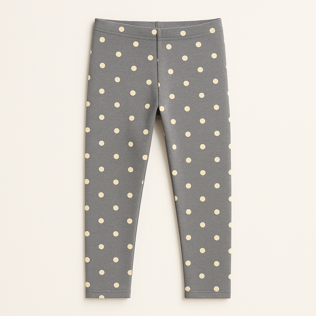 Front view of gray polka‑dot leggings with pull‑on waistband, laid flat.