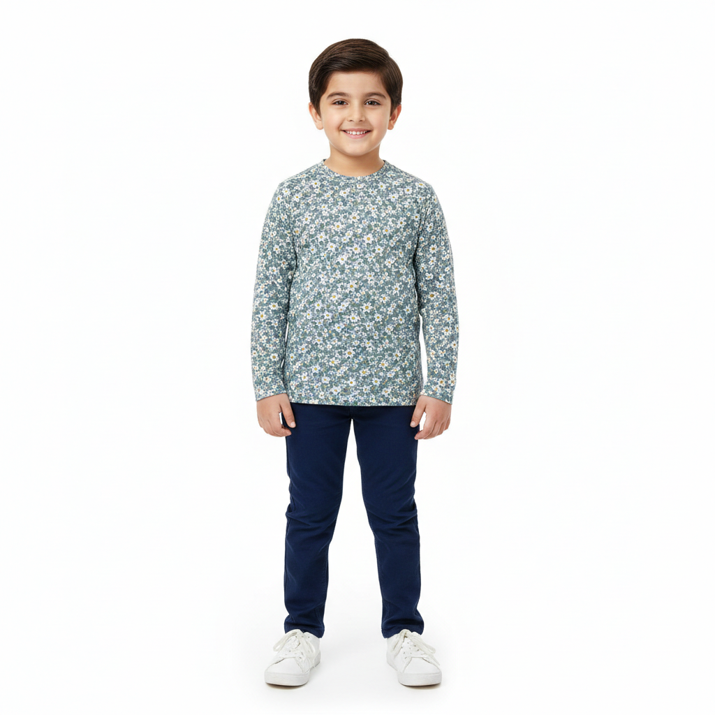 Grey Long Sleeves T-Shirt with Green Floral Print - Cotton Fabric - Affordable Summer Outfits - Kidswear Brand in Pakistan - Trendy Summer Articles - Lil' Cubs