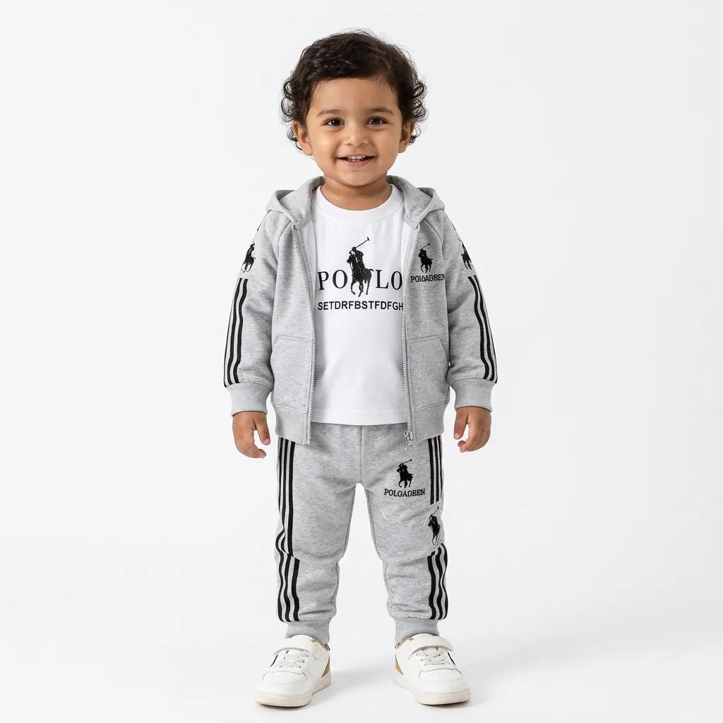 Grey Polo Print 3 Piece Winter Tracksuit for Kids (Size 6 Months - 3 Years)