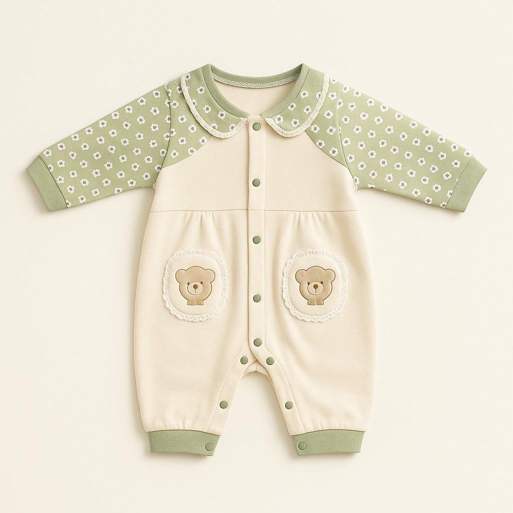 Bear Pocket Imported Baby Romper for Girls – Floral Collar, Mid-Season (3 Months to 2 Years)