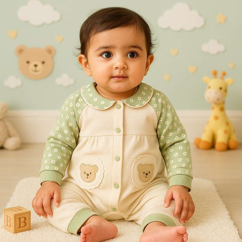 Bear Pocket Imported Baby Romper for Girls – Floral Collar, Mid-Season (3 Months to 2 Years)