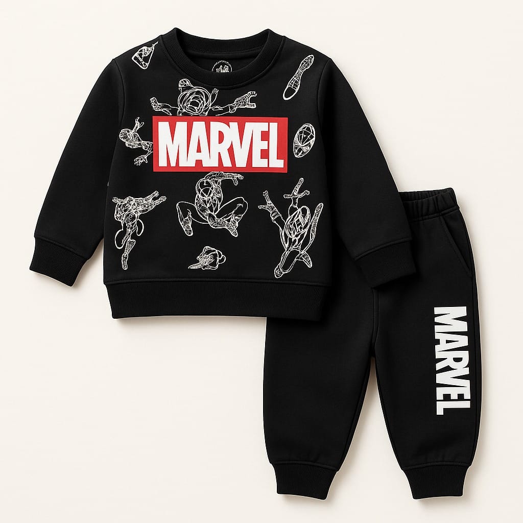 Kids Black Marvel Tracksuit – (1–2 Years) | Limited Stock – Only Rs. 999