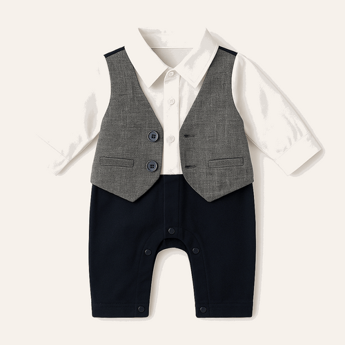 "Imported baby boy formal vest romper with shirt and faux waistcoat – 0–24 months"
